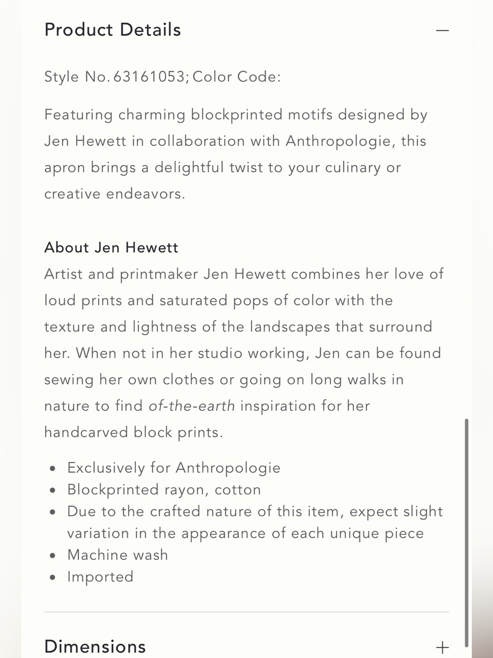 Anthropologie Jen Hewett Blockprinted Apron, NEW - Picture 4 of 5
